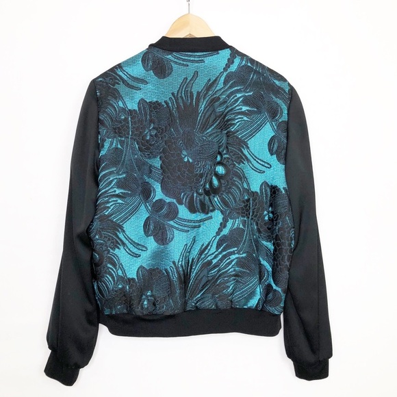 Trina Turk floral jacquard black and emerald green bomber jacket - Picture 5 of 12